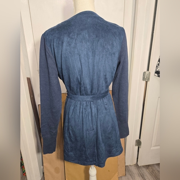 H By Halston Faux Suede Jacket W/Sweater Sleeves BLUE Sz 10 - Picture 8 of 11